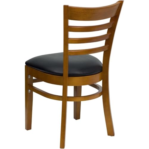 Image of Flash Furniture 2 Pack HERCULES Series Ladder Back Cherry Wood Restaurant Chair - Black Vinyl Seat