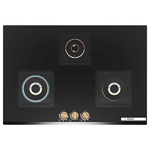 Bosch Built in Gas Hob Black Tempered glass Glass 3 Burner Auto Ignition 75 cm Full Brass 3D Ring Burners with Matt Black Heat Shields & Cast Iron pan supports (PND7B6G20I)
