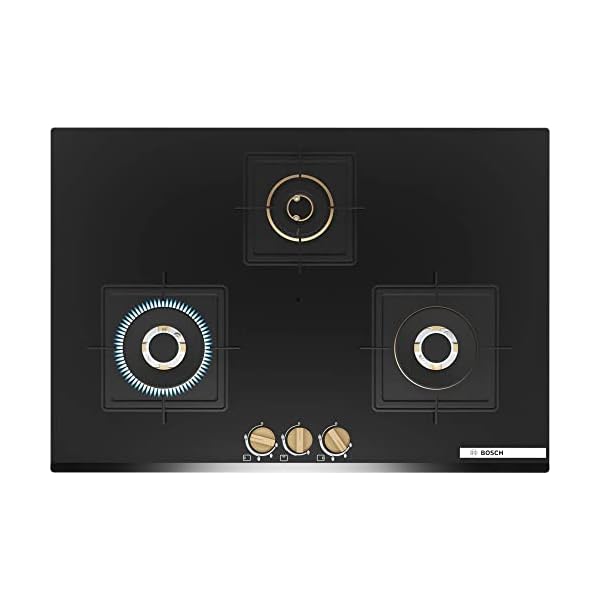 Bosch Built in Gas Hob Black Tempered glass Glass 3 Burner Auto Ignition 75 cm Full Brass 3D Ring Burners with Matt Black Heat Shields & Cast Iron pan supports (PND7B6G20I)