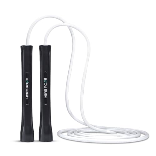 HEREROPE Adjustable Jump Rope – 5mm PVC Skipping Rope with Unbreakable Handles, Non-Kinking, Includes 1 Spare Rope for Indoor & Outdoor Fitness Training for Men, Women & Kids (Black-White)