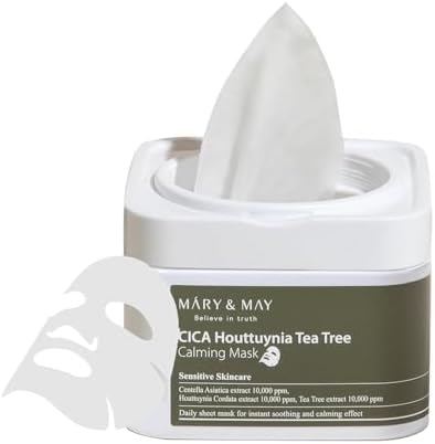 Mary&May CICA Houttuynia Tea Tree Calming Mask, Daily Soothing Mask 30(Pcs), Mask sheet wipes, Cica sheet mask, Korean Skincare, sheet mask wipes, Tea Tree Mask sheet