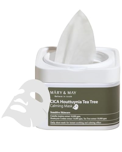 Mary&May CICA Tea Tree Calming Mask 30 Sheets – Sheet Mask for Blemish-Prone & Spot-Prone Skin, Centella Asiatica + Houttuynia Cordata + Tea Tree 10,000ppm Each, Pull-Out Tub with Tweezers