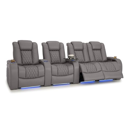 Image of Seatcraft Diamante Gray Italian Leather Home Theater Seating, Zero Gravity Power Recliner Gaming and Home Office Chair, Powered Headrest Lounge Sofa Furniture for Cinema Room, Row of 4 Right Loveseats