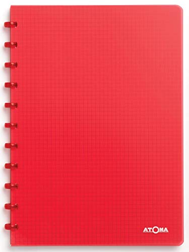 Atoma - Quaderno A4 Con Anelli - Quadrato 5 X 5 Mm Con Margine - 72 Fogli Staccabili (144 Pagine) - Copertina In Polipropilene Riciclabile - Rosso Tra