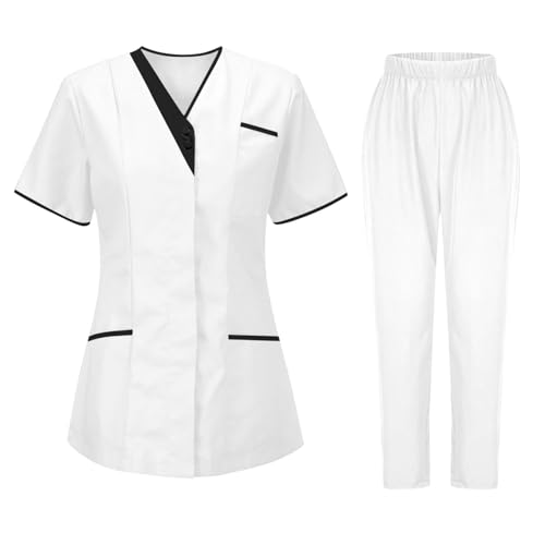 Soldes 2025 Tunique Médicale Femme Col en V Manche Courte Ensemble Haut Et Pantalons + Blouse Medicale Uniforme De Travail Blouse Tenue Infirmiere Professionnelle...