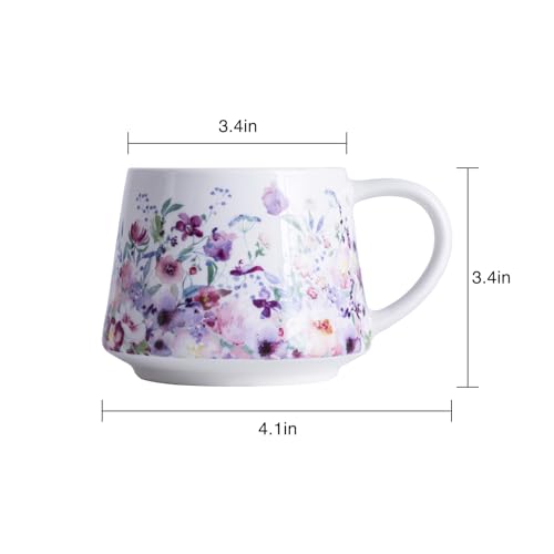 Topadorn Ceramic Coffee Mug, 12 oz Porcelain Tea Cup with Handle for Coffee Milk Tea Lovers, Pink Flower Mug with Gift B