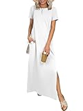 ANRABESS Womens Summer Casual Maxi Dress Short Sleeve Crewneck Split Wrinkle-Free Travel Long Sundress Beach Vacation Clothes White Large