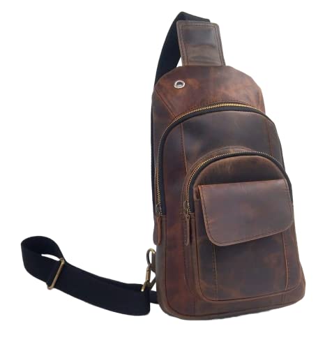 Handmade Buffalo Leather Travel Hiking Crossbody Chest Sling Multipurpose Shoulder Strap Backpack Bag For Men And Womens (Dark Brown, Small) #TOP4