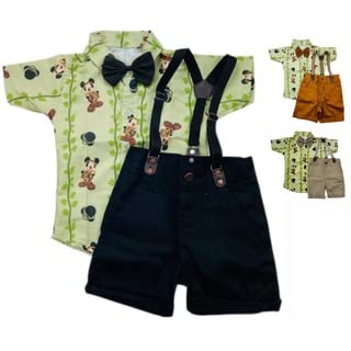 Mickey Safari Kit Roupa Conjunto Infantil Menino 4 Peças Camisa Gravata Bermuda e Suspensório Aniver