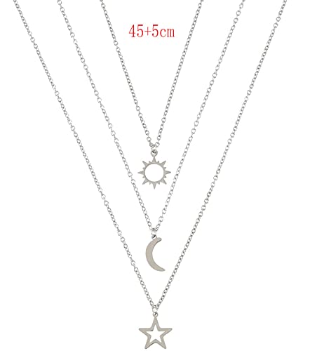 Image of COLORFUL BLING Stainless Steel Sun and Moon Star Necklace 3 Best Friend Friendship Sister Set for Women Mom Daughter BFF Jewelry Gifts