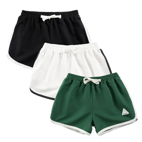 Rolanko Girls Sports Shorts, Cotton Summer Contrast Binding Dolphin Short Pants, Kids Athletic Gym Wear for Running and Dancing, 3 Packs (Green Beige Black, Size: 140, 8-9 Years)