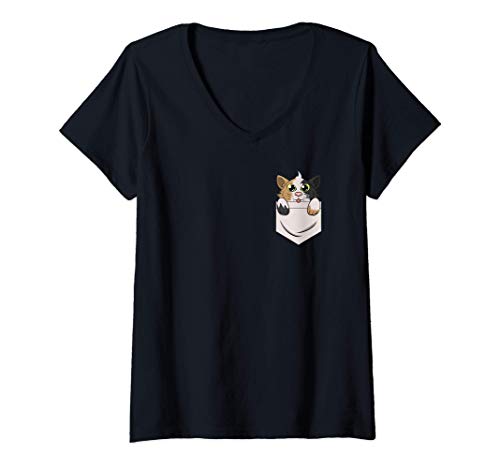 Womens Cute Kitty In Pocket for Cat & Kitten Lovers V-Neck T-Shirt