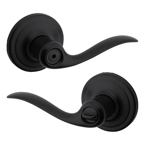 Image of Kwikset Tustin Interior Privacy Door Handle with Lock, Door Lever For Bathroom and Bedroom, Matte Black Reversible Keyless Push Button Lock Door Lever, with Microban Protection