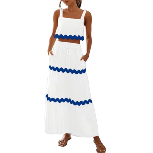 Women Summer 2 Piece Skirt Set Sleeveless Rick Rack Trim Cropped Tank Top Tiered A-line Flowy Maxi Skirt Set