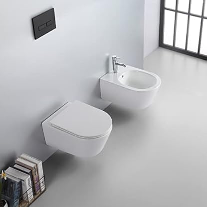 Foto di Yellowshop - Set coppia sanitari vaso rimless e bidet sospesi con coprivaso soft-close serie WOLLY