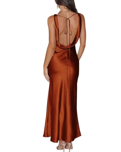 SUOLUOS Satin Long Wedding Guest Dress for Women Burnt Orange Maxi Bridesmaid Dress Elegant V Neck Backless Formal Prom Cocktail Gown US6