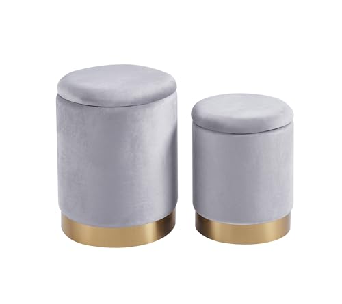 Set Di 2 Pouf Contenitore In Velluto Design Moderno Poggiapiedi,Sgabello Tondo con Coperchio Rimovibile e Seduta Imbottita Alta Densità Con Fascia In Metallo Capiente Storage Box - Grigio