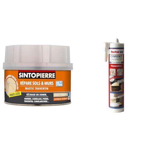 SINTO Répare Sols et Murs Travertin - 280gr - Reconstitue, Rebouche et Colle - Tous Types de Pierres - Sèche Rapidement & fischer - Ciment Express Ton Pierre 310ML - 1 cartouche