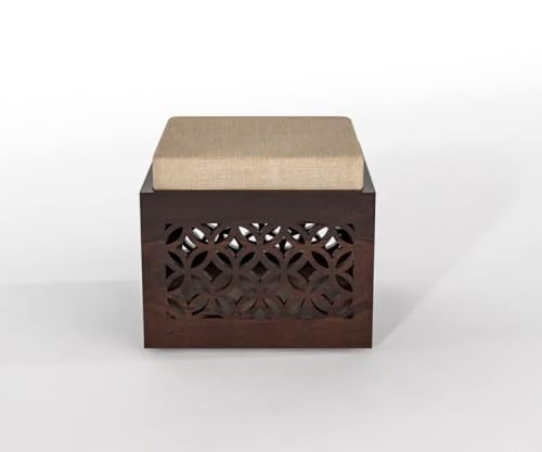 Image of Solid Sheesham Wood Square Shape Ottoman Pouffes for Sitting Foot Rest Puffy Stools for Living Room (Walnut CNC)