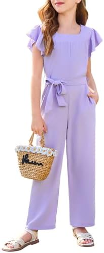 Haloumoning Girls Jumpsuit Kids Fashion Square Neck Ruffle Sleeve Belted Wide Leg Romper with Pockets