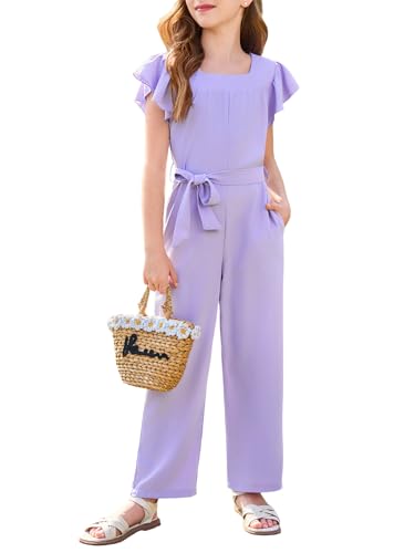 Haloumoning Girls Jumpsuit Kids Fashion Square Neck Ruffle Sleeve Belted Wide Leg Romper with Pockets