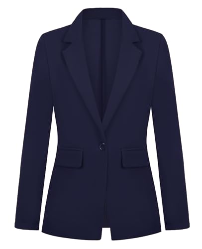 Women's Casual Work Office Blazer Jacket Notched Lapel Long Sleeve One Button Suit Jacket with Pockets Outerwear(Navy Blue 2XL)
