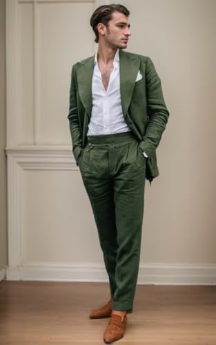 Mens Linen Suit for Beach Wedding Double Breasted Prom Tuxedos 2 Piece Peak Lapel Blazer Pants for Summer4