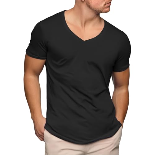 Mens Deep V Neck T Shirts Casual Short Sleeve Low Cut Scoop Tee Muscle Workout Gym Athletic Slim Fit Undershirts Tops2
