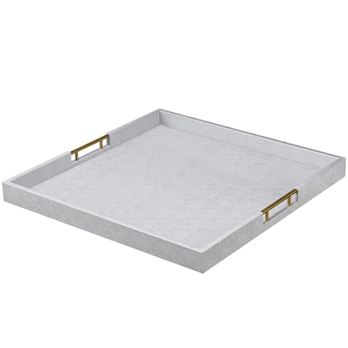 Best Large Silver Tray for Coffee Table: Stylish & Functional Picks 4 24x24 Inches Extra Large Silver Faux Leather Wrapped Wood Ottoman Tray with Golden Handles for Serving Food and Breakfast On Bed, Square Coffee Table Organizer, Home Decor and Decorative