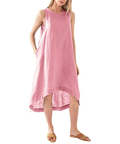 Image of Amazhiyu Women's 100% Linen High Low Midi Dress with Pocket | Summer Casual Flowy Dresses, Sleeveless Crewneck Dresses, Solid Color