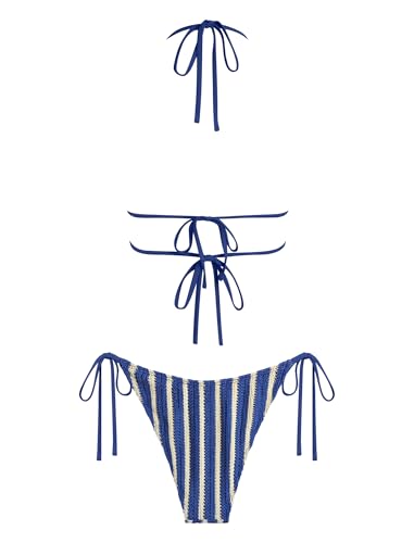 Image of ZAFUL Halter Swimsuits for Women Textured Backless 2 Piece Bathing Suits Cheeky High Cut String Tie Side Bikini Sets