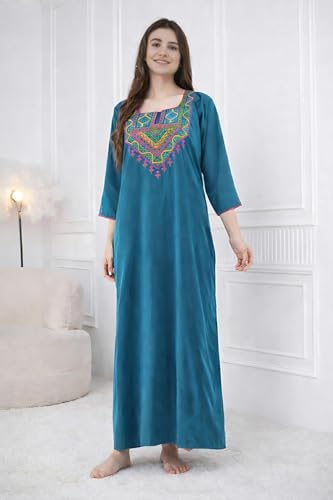 Image of Lissybissy Cotton Women Gown - Free Size with Side Pocket | Embroidery Full Sleeve Sleepwear | Loose Fit, Breathable, Comfortable & Soft Fabric Night Dress | Ideal for Gifting