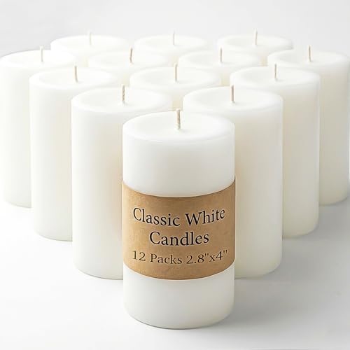 12 Packs White Candles Pillar – 2.8x4 Inch Large Unscented Pillar Candles for Home, 50 Hours Long Clean Burning for Emergency, Dripless & Smokeless, Decorative Candle for Wedding,Centerpiece,Church