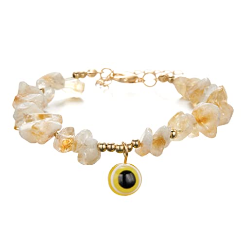 Bohemian Gemstone Natural Stone Crystal Bead Bracelet Adjustable Boho Gravel Chip Evil Eye Charm Bracelet For Women Girl Teen Friend Amulet Stackable Summer Beach Jewelry-D Yellow #TOP14