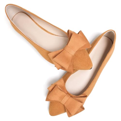 Image of SAILING LU Womens Bowknot Ballet Flats Pointy Toe Suede | Casual Flat Shoes, Dressy Wear to Work, Moccasins, Slip-Ons