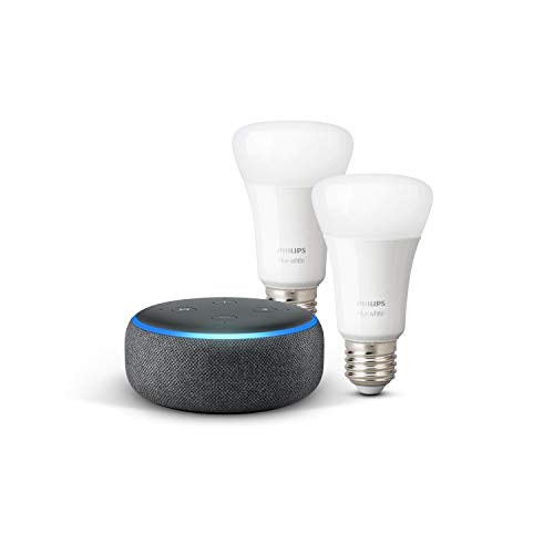 Echo Dot (3ème génération), Tissu anthracite + Philips Hue White Pack de 2 ampoules LED connectées (E27), compatibles avec Bluetooth et Zigbee (aucun hub requis)