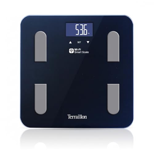 TERRAILLON - FIT COACH - Balance connectée WiFi, Impédancemètre, Analyse des masses graisseuse, musculaire, hydrique, osseuse et viscérale, IMC, Ecran LCD, Capacité 180 kg, Plateau verre, Noir
