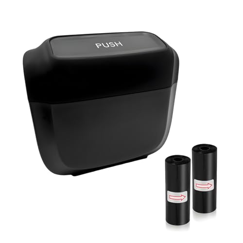 Gasedin Car Trash Can with Lid, Mini Hanging Push Car Garbage Container with 30 Trush Bags, Portable Leakproof Rubbish Organizer for Most Vehicles Office Home, Car Accessories (Black)