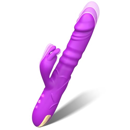 Image of Dildo Thrusting Rabbit Vibrator, G Spot Clitoral Vibrator Dildos Waterproof & Rechargeable Realistic Silicone Vibrator with 3 Thrusting & 10 Vibrating Modes, Rose Sex Toys for Women