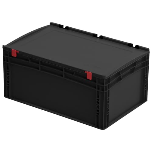 WETEC Contenedor de almacenamiento con tapa con bisagra, ESD, 600 x 400 x 285 mm (caja de almacenamiento ESD) Resistencia superficial: 10^4-10^10^10 ohmios/color: negro, fondo y lados cerrados
