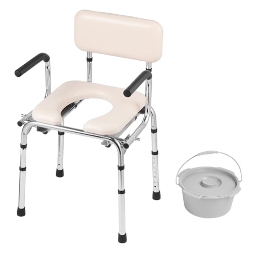 Happybuy Commode Chair, Bedside Commode with Padded Seat, Drop-Down Arms, 7-Level Adjustable Height, 5.8L Removable Bucket, Easy to Assemble, 350LBS Capacity, Portable Toilet for Adults Seniors