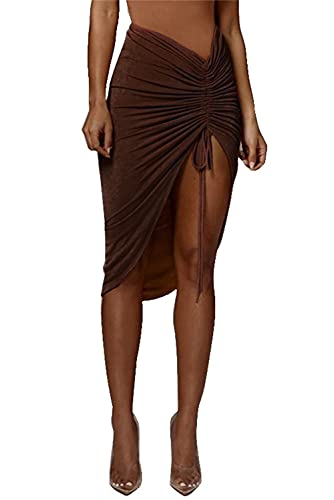 Joywish Women Sexy Asymmetrical Y2K Skirt Bodycon Drawstring Ruched Midi Night Out Skirt with Thigh High Slit(Brown-L)