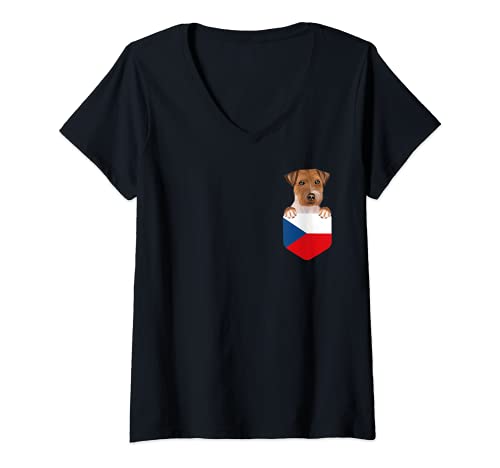 Womens Czech Republic Flag Russell Terrier Dog In Pocket V-Neck T-Shirt, Black