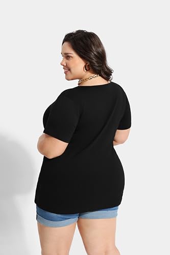 Image of CARCOS Plus Size Tops for Women Short Sleeve Shirts Basic Tee Solid Color Blouse V Neck Tunic Loose Fit Tshirts Summer XL-5XL