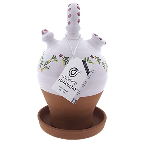 CERÁMICA RAMBLEÑA | Botijo de Barro Rojo | Botijo Decorado asa Redonda Base Vuelta Cenefa Verde-Rosa - Modelo D08 de La Rambla (Córdoba) | 100% Hecho a Mano | 3.5 litros | Eco | Plato Incluido