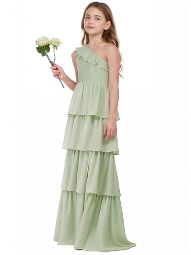 Tiered Ruffles Junior Bridesmaid Dresses One Shoulder Summer Chiffon Flower Girl Dress Slit Girls Wedding Party Gown3