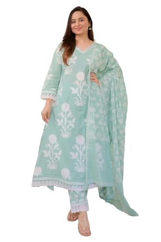 Image of Nermosa Women Cotton Printed Straight V-Neck Kurta Pant With Dupatta