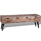 Ce meuble TV vintage en teck réutilisé est non seulement élégant, mais aussi très pratique avec ses quatre tiroirs spacieux.