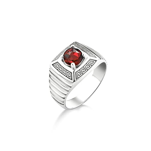 Anillo De Hombre De Rubí Rojo Claro Para Hombre En Plata 925, Anillo De Hombre De Piedra De Rubí Con Motivos Griegos En Plata De Ley, Anillo Único Para Hombre, Anillo De Hombre De Piedra Roja