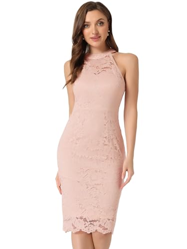 Allegra K Damen Spitzenkleid Ärmellos Figurbetontes Elegantes Etuikleid Neckholder Kleid Rosa XS